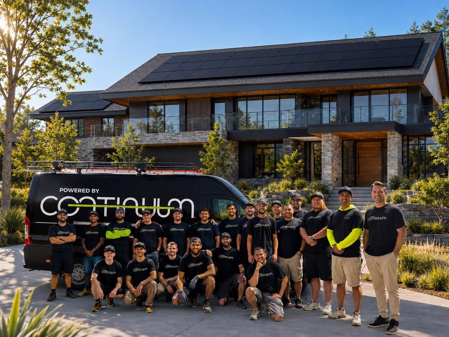 The Continuum installer team standing in front of a Powered by Continuum van outside a modern Northern California home with rooftop solar panels.