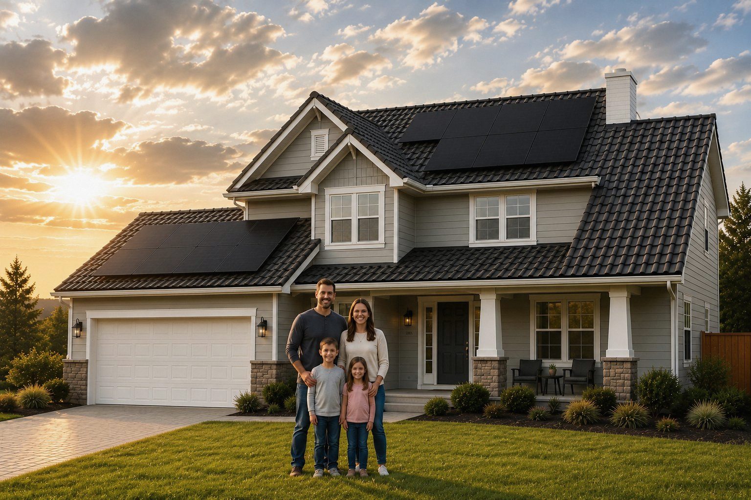 A family of four standing in front of their two-story home at golden hour, with solar panels on the tile roof and warm sunlight breaking through the clouds behind them.