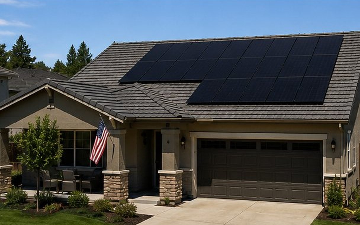 The featured Folsom, CA install: a craftsman-style single-family home with full rooftop solar coverage on a tile roof