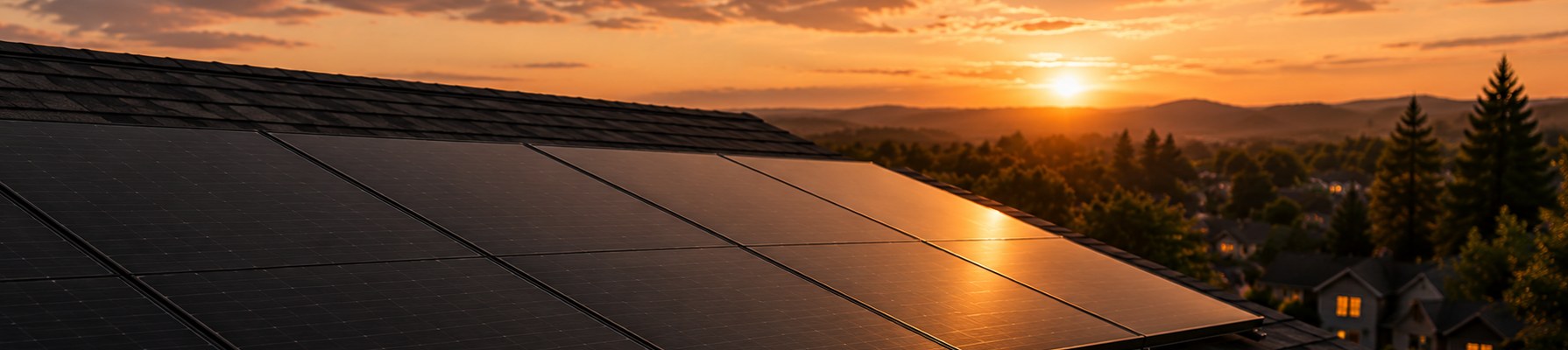 Solar panels on a shingled rooftop catching the warm light of a setting sun over a Northern California neighborhood.